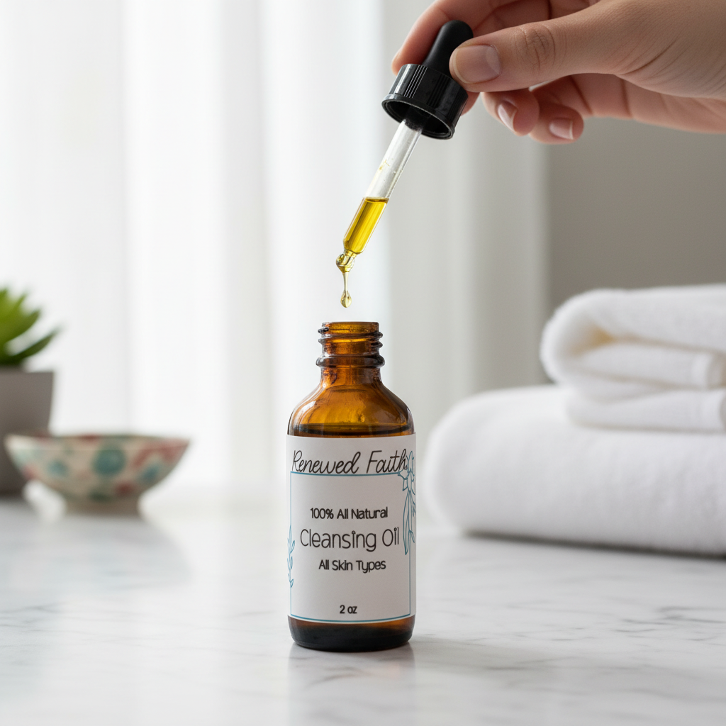 Cleansing Oil in-use without dropper on counter