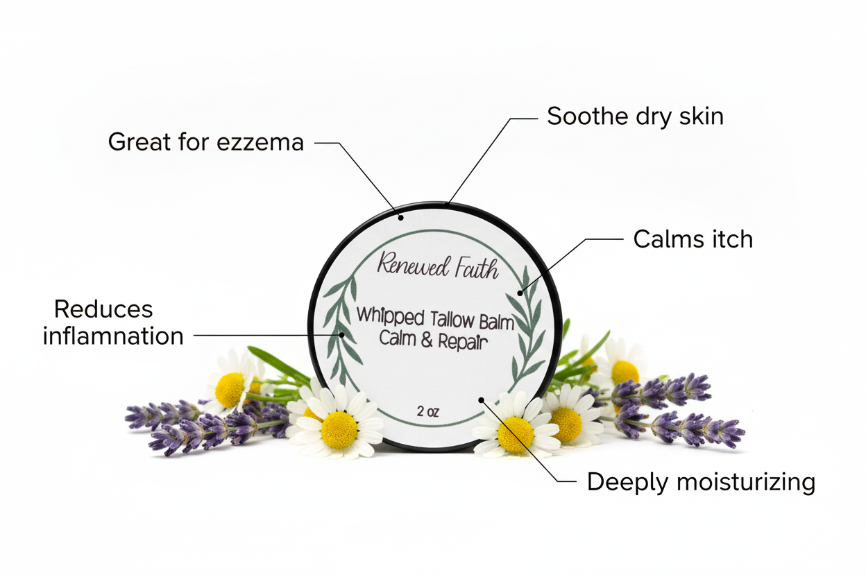2 oz Calm & Repair balm with lavender, chamomile, and benefit callouts