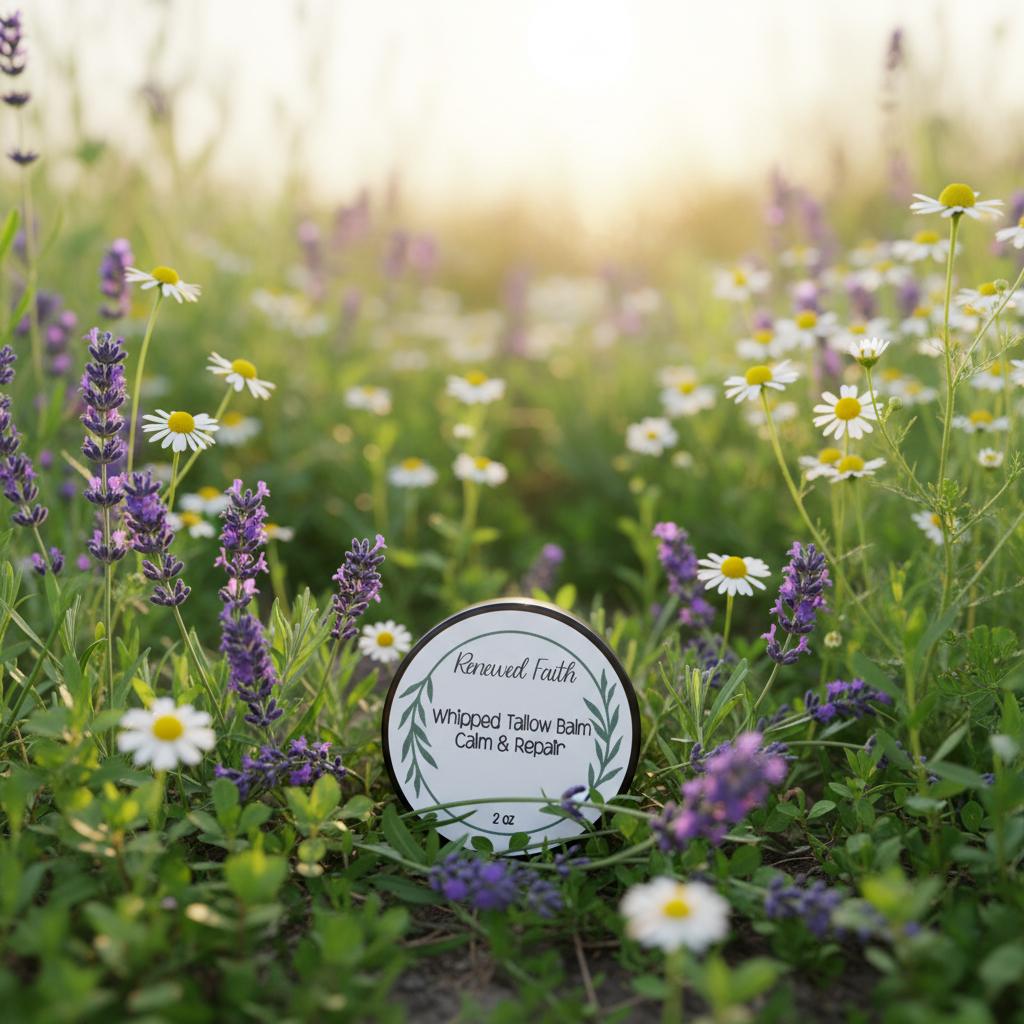2 oz Whipped Tallow Balm in natural outdoor setting with lavender and chamomile