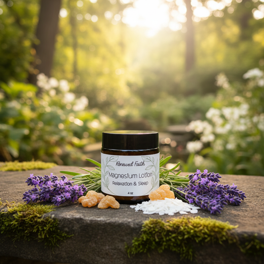 4 oz Magnesium Lotion in peaceful nature setting with lid