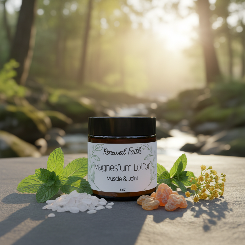 4 oz Muscle & Joint Magnesium Lotion in peaceful setting with spearmint, frankincense, and helichrysum