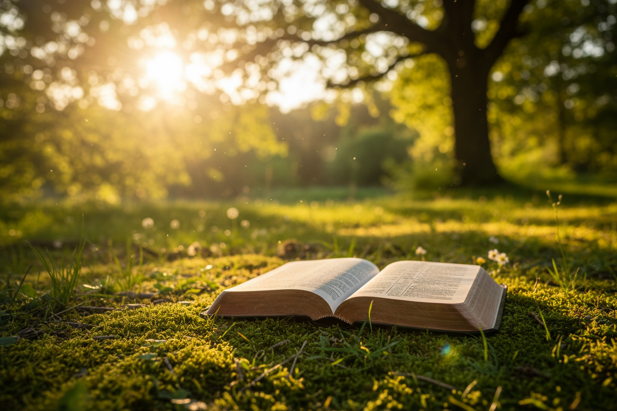 Bible in nature with beautiful lighting