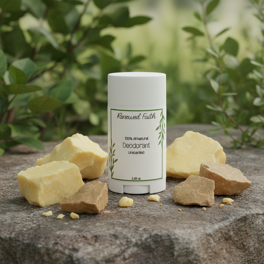 Deodorant with shea and cocoa butter on rock