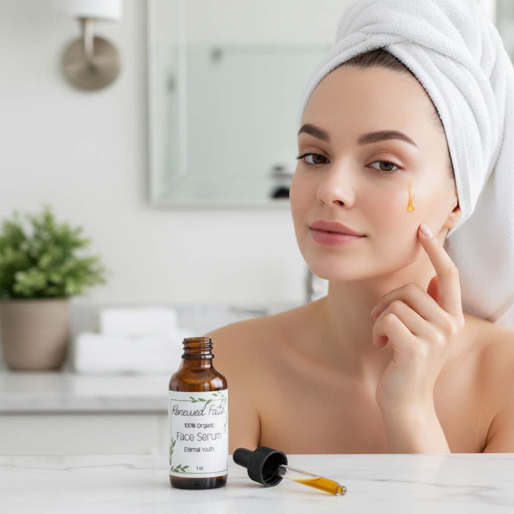 Face Serum in-use in bathroom setting