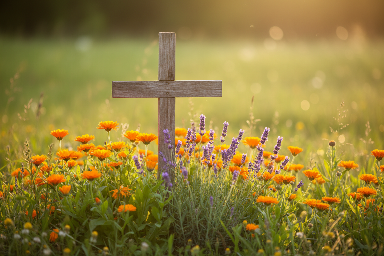 Faith scene with cross and flowers in nature