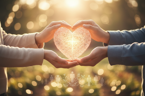 Hands holding glowing heart