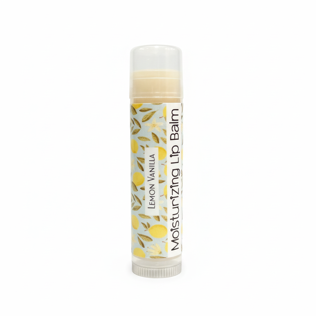 Lemon Vanilla Lip Balm on white background