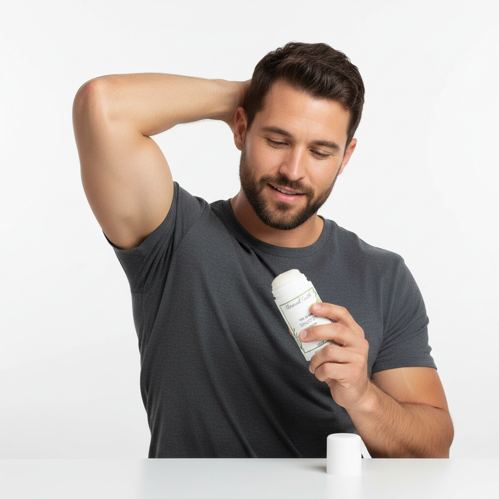 Man applying Woodsman deodorant
