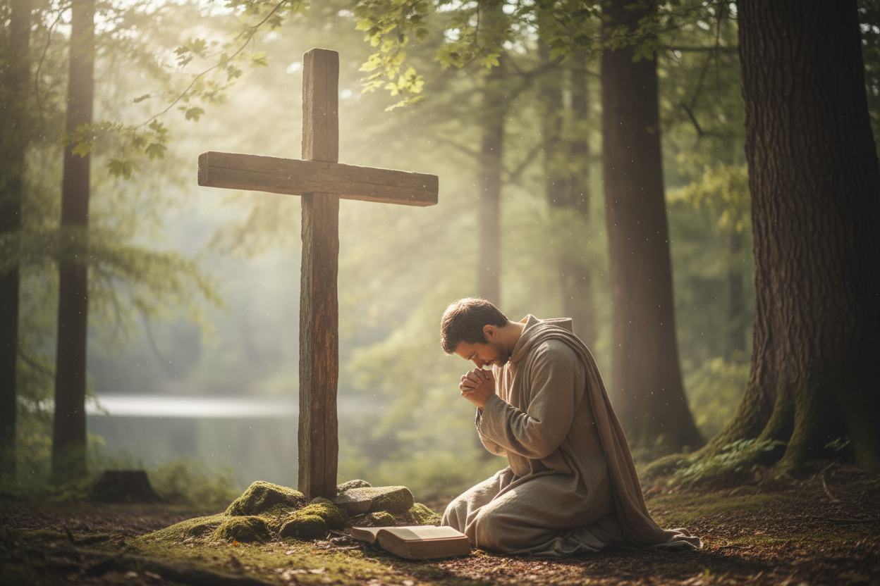 Person praying at the foot of the cross