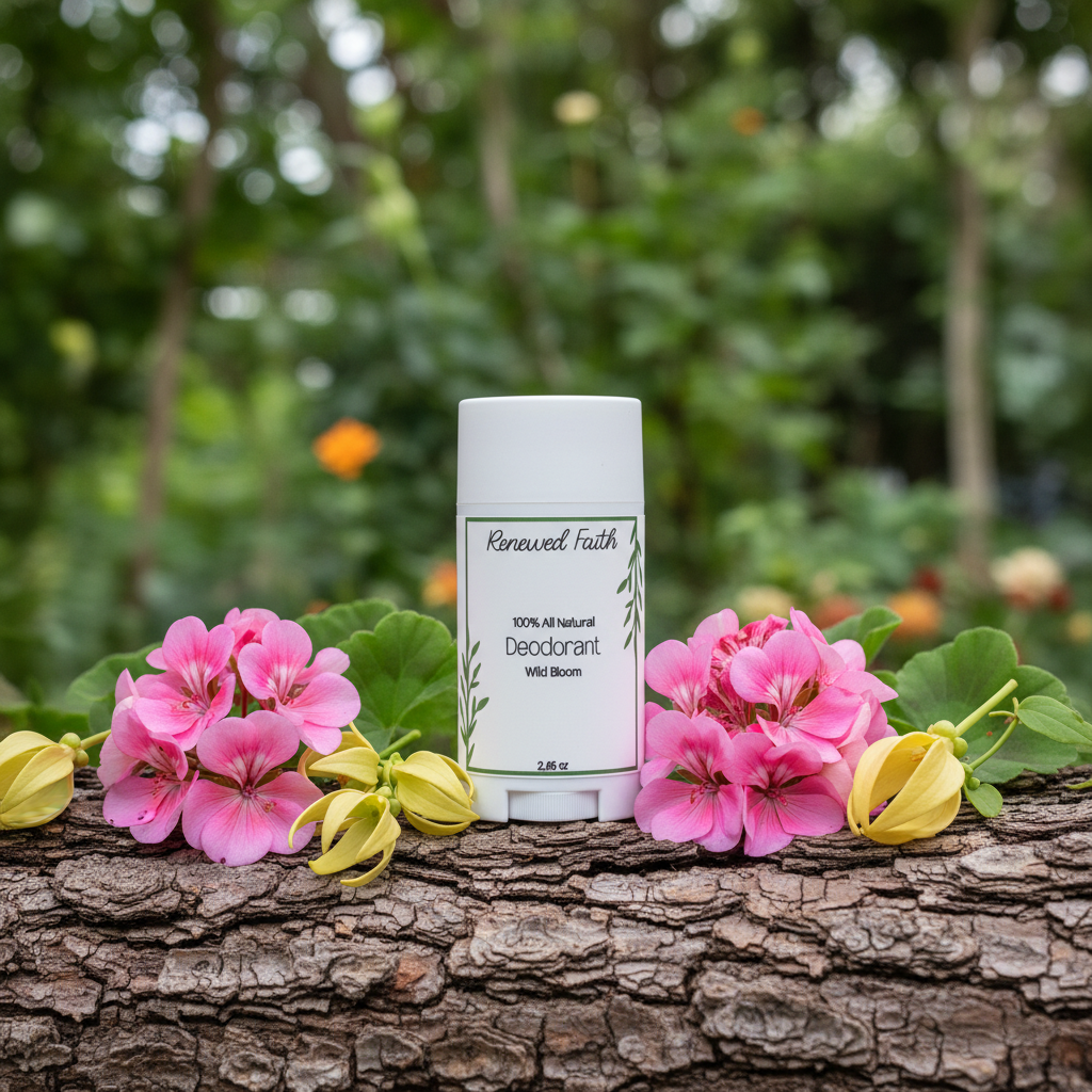 Wild Bloom deodorant standing on rock with flowers