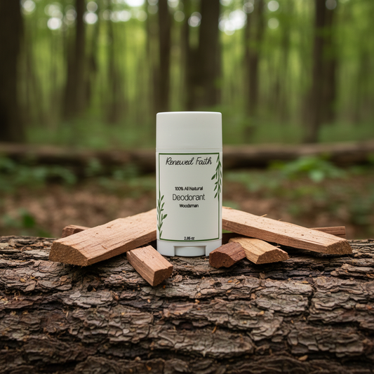 Woodsman deodorant standing on log